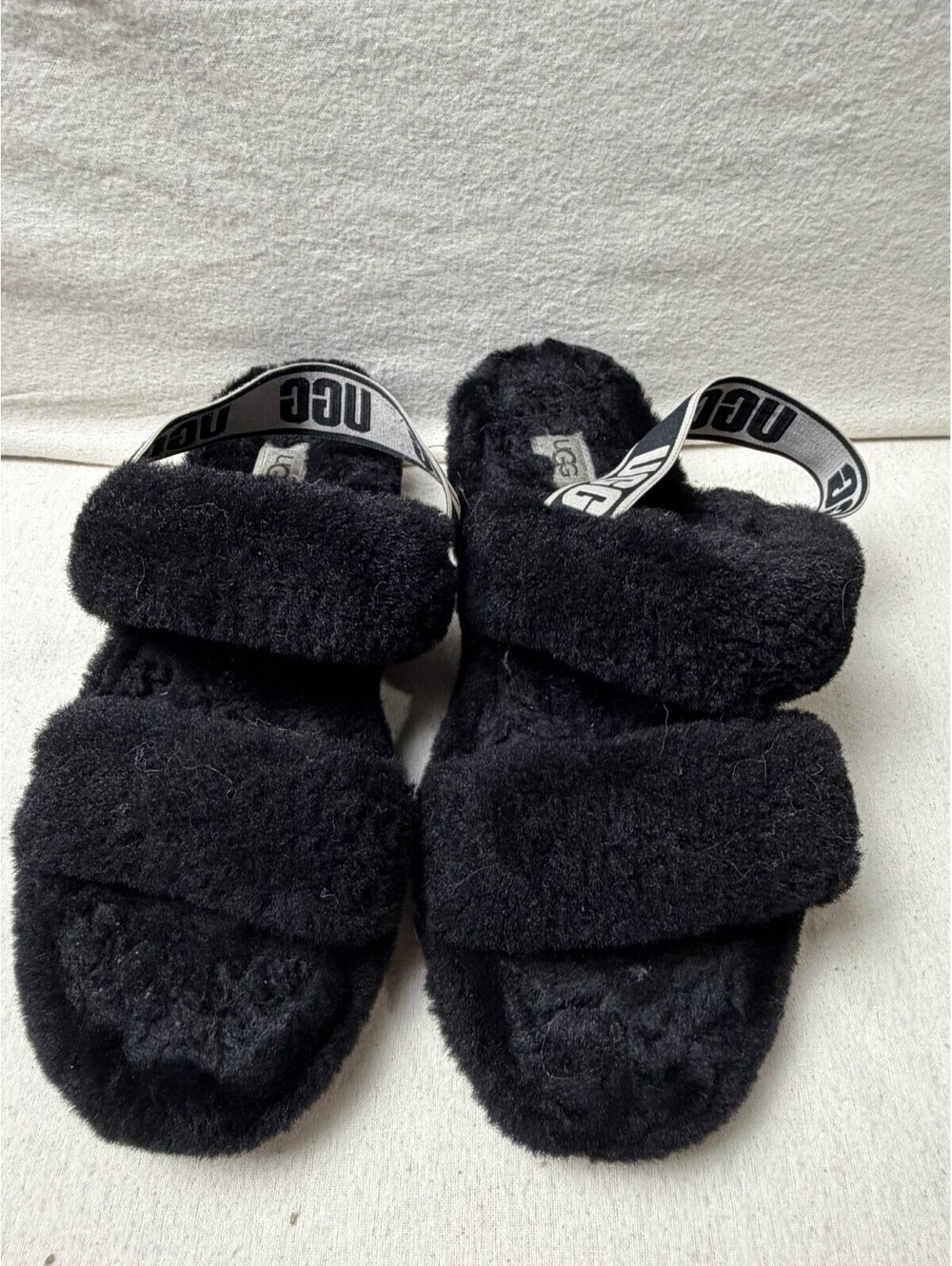 UGG Women’s Fuzzy Slingback Sandals Black Fluff Logo Strap US 9 UK 7